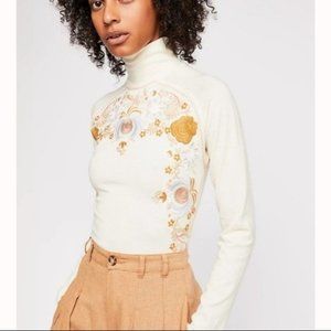 Free People Embroidered Mock Neck Cream Flowers Long Sleeve Romanic